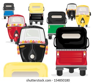 a vector illustration in eps 10 format of colorful tuk tuks in a rush hour on a white background