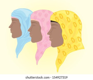 a vector illustration in eps 10 format of colorful hijab headscarf in blue pink and yellow with background space for text