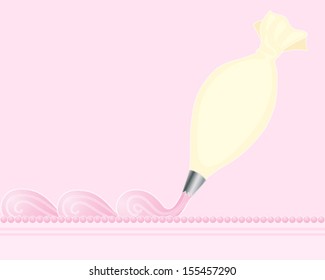 A Vector Illustration In Eps 10 Format Of A Cream Color Piping Bag Making Fancy Swirls On Top Of A Cake On A Pink Background