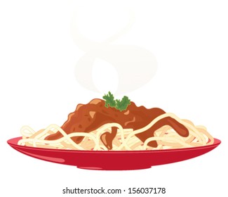 a vector illustration in eps 10 format of a red plate with a meal of delicious spaghetti bolognese and parsley garnish with steam isolated on a white background