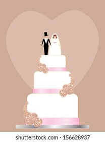 a vector illustration in eps 10 format of a traditional wedding invitation in pink and brown with white wedding cake roses and bride and groom on top with space for text