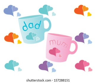 a vector illustration in eps 10 format of decorated gift mugs for mum and dad with colorful hearts on a white background