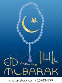 a vector illustration in eps 10 format of an eid greeting card with blue prayer beads and golden crescent moon and type on a starry night background