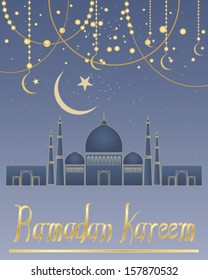 a vector illustration in eps 10 format of a ramadan greeting card with abstract mosque crescent moon symbol and decorations on a blue starry background with gold lettering