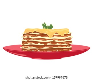 a vector illustration in eps 10 format of a delicious plate of layered lasagne with savory mince and melted cheese on top with garnish on a bright red plate and white background