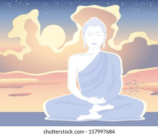 a vector illustration in eps 10 format of a white buddha in meditation under a sunset sky