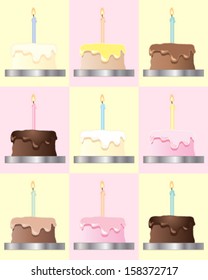 a vector illustration in eps 10 format of a party invitation design with birthday cakes in various flavors with colorful candles in yellow and pink blocks of color