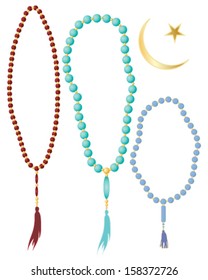 a vector illustration in eps 10 format of islamic prayer beads in different colors with crescent moon symbol isolated on a white background