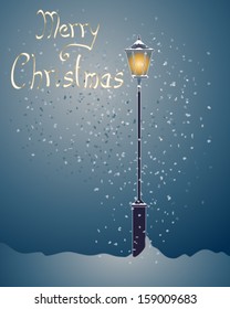 a vector illustration in eps 10 format of a decorative street lamp with swirling snow at night and the words merry christmas in greeting card format