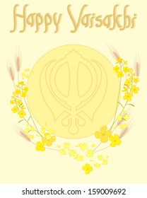 a vector illustration in eps 10 format of ripe wheat and golden mustard flowers surrounding a sun with sikh symbol and happy vaisakhi in greeting card format