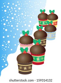 a vector illustration in eps 10 format of a group of mini chocolate christmas buns decorated with green holly leaves and red berries on a snowy background with space for text