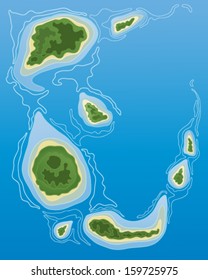 a vector illustration in eps 10 format of a group of tropical islands from the air with lush vegetation sand and blue sea