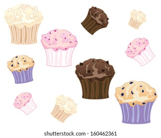 a vector illustration in eps 10 format of freshly baked muffins in white and dark chocolate raspberry and blueberry flavors isolated on a white background