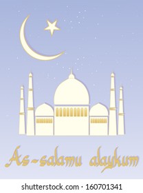 a vector illustration in eps 10 format of an islamic greeting card as salamu alaykum peace be upon you with stylized mosque under a star and crescent moon