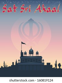 a vector illustration in eps 10 format of a sikh greeting sat sri akaal meaning god is the ultimate truth with gurdwara temple under a starry sunset sky