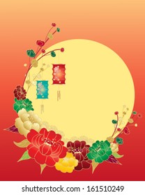 a vector illustration in eps 10 format of a chinese peony design with golden trimmed flowers and a yellow sun on a sunset background with space for text