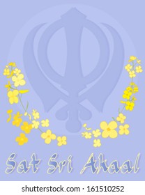 a vector illustration in eps 10 format of a punjabi greeting card with sikh symbol mustard flowers and the words sat sri akaal meaning god is the ultimate truth on a purple background