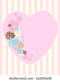 a vector illustration in eps 10 format of a decorative wedding invite with stylized roses on a big pink heart and stripey background with space for text