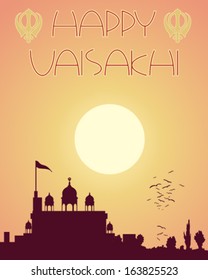 a vector illustration in eps 10 format of an abstract greeting card design with the words happy vaisakhi and a silhouette gurdwara temple at sundown