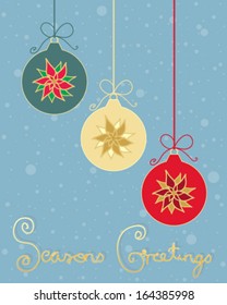 a vector illustration in eps 10 format of three christmas bauble decorations with pointsettia design in greeting card format with snowflakes and seasons greetings written in gold letters
