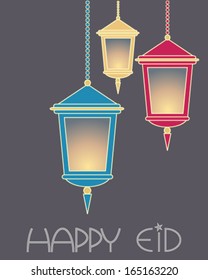 a vector illustration in eps 10 format of an Arabic greeting card with three lanterns glowing on a gray background