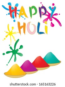 a vector illustration in eps 10 format of the Holi festival greeting card with bright lettering paint splashes and bowls of colorful powder paint on a white background