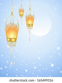 a vector illustration in eps 10 format of golden fairy tale lanterns with glowing flame on a snowy winter background