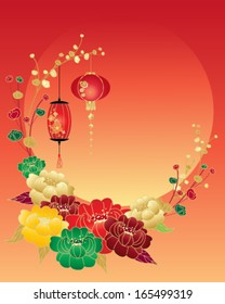 a vector illustration in eps 10 format of a Chinese new year greeting card with red green yellow and gold peony flowers and lanterns surrounding a big setting sun and space for text