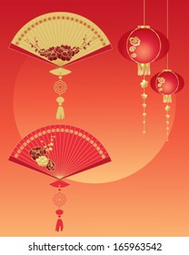 a vector illustration in eps 10 format of decorative Chinese fans and lanterns on a new year greeting card with a sunset sky