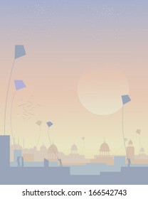 A Vector Illustration In Eps 10 Format Of A Kite Festival In India With Architectural Skyline And People Flying Kites On Rooftops At Sunset