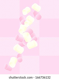 a vector illustration in eps 10 format of pink and white marshmallows on a candy pink dotty background with space for text