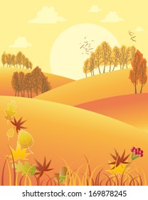 a vector illustration in eps 10 format of a rural autumn fall afternoon with rolling hills colorful trees and fallen leaves under a yellow sky with big sun