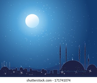 a vector illustration in eps 10 format of a silhouette asian skyline with traditional buildings and mosque under a starlit sky