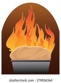 a vector illustration in eps 10 format of a home made loaf baking in a rustic oven with orange flames on a white background