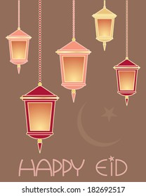 a vector illustration in eps 10 format of a festive eid greeting card with lanterns and the words happy eid on a brown background