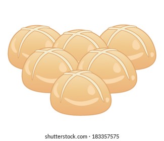 a vector illustration in eps 10 format of six hot cross buns arranged in a triangle shape isolated on a white background