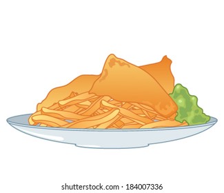 a vector illustration in eps 10 format of a plate of crispy golden chips with two pieces of fish in batter and mushy green peas on a white background