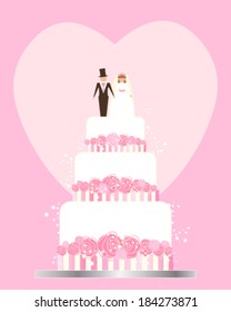 a vector illustration in eps 10 format of a wedding invitation greeting card with cake bride and groom flowers and love heart in shades of pink