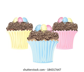 a vector illustration in eps 10 format of three birds nest cupcakes with speckled chocolate eggs in colorful liners isolated on a white background