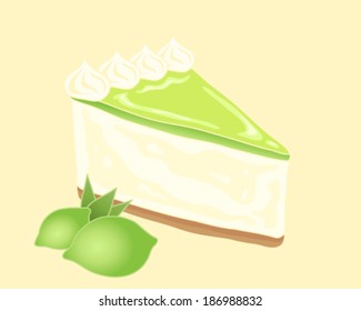 a vector illustration in eps 10 format of a slice of delicious key lime pie with biscuit base cream filling and zingy lime fruit topping with cream swirls and limes on a yellow background