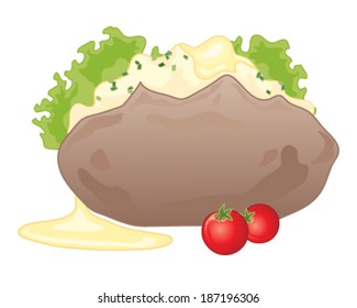 A Vector Illustration In Eps 10 Format Of A Baked Jacket Potato With Butter Lettuce And Tomato Isolated On A White Background