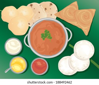 a vector illustration in eps 10 format of a delicious Indian meal with poori chapatti idly dosa and various curry dishes on a banana leaf