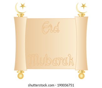 a vector illustration in eps 10 format of a decorative blank parchment scroll with golden trimmings and the islamic crescent moon and star isolated on a white background