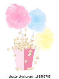 a vector illustration in eps 10 format of sweet snacks cotton candy and popcorn in a pink carton on a white background