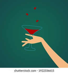 Vektorgrafik in eps10-Format einer würdevollen weiblichen Hand, die ein Glas Rotwein hält. Alkoholisches Liebesgetränk mit Herzen auf grünem Hintergrund. Flacher Stil.