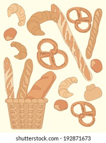 a vector illustration in eps 10 format of an abstract bread design with different types of loaves pretzels and bread buns on a pale lemon background
