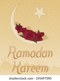 a vector illustration in eps 10 format of a ramadan greeting card with red and gold roses in a crescent moon with stars and islamic architecture