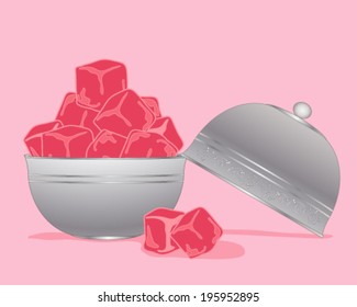 a vector illustration in eps 10 format of pink Turkish delight in cubes in a metallic silver bowl and lid on a pink background