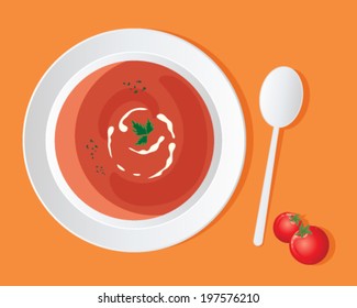 a vector illustration in eps 10 format of a a bowl of delicious tomato soup with cream swirl and coriander garnish on an orange background