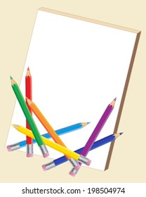 a vector illustration in eps 10 format of a set of colorful pencils with a blank note pad on a beige background